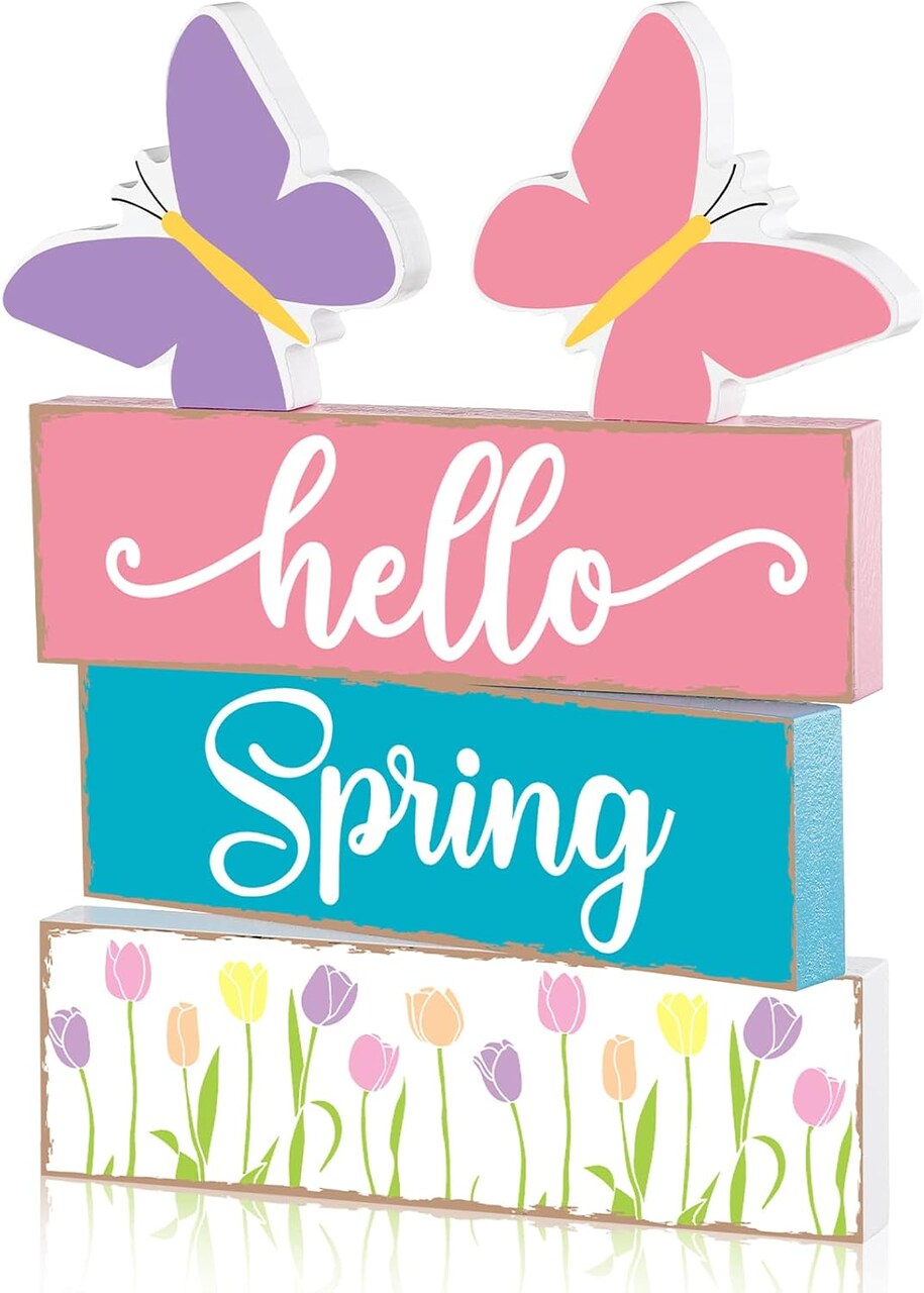 5 Pcs Hello Spring Tiered Tray Decorations Rustic Spring Table Decor Farmhouse Spring Decorations for Home Spring Wood Sign Hello Spring Table Centerpiece Standing Decor for Shelf Tabletop Fireplace